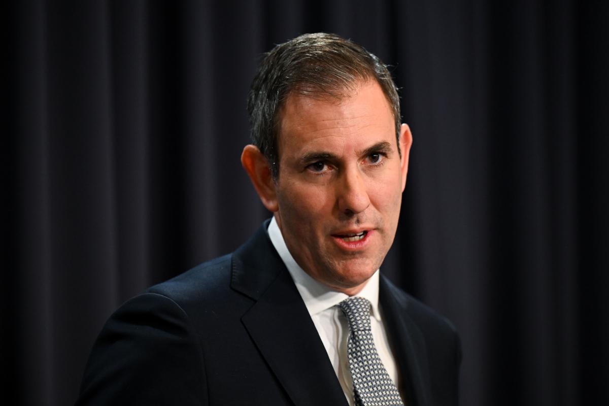 Australian Treasurer Jim Chalmers speaks to the media during a press conference to announce the newly appointed RBA governor at Parliament House in Canberra, Australia, on July 14, 2023. (AAP Image/Lukas Coch)