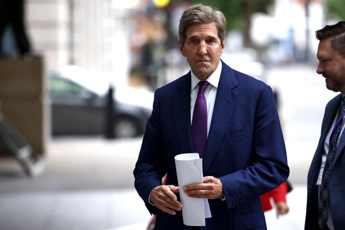  U.S. Special Presidential Envoy for Climate John Kerry arrives to appear on the BBC's "Sunday Morning" political television show on July 9, 2023. (Henry Nicholls/AFP via Getty Images)