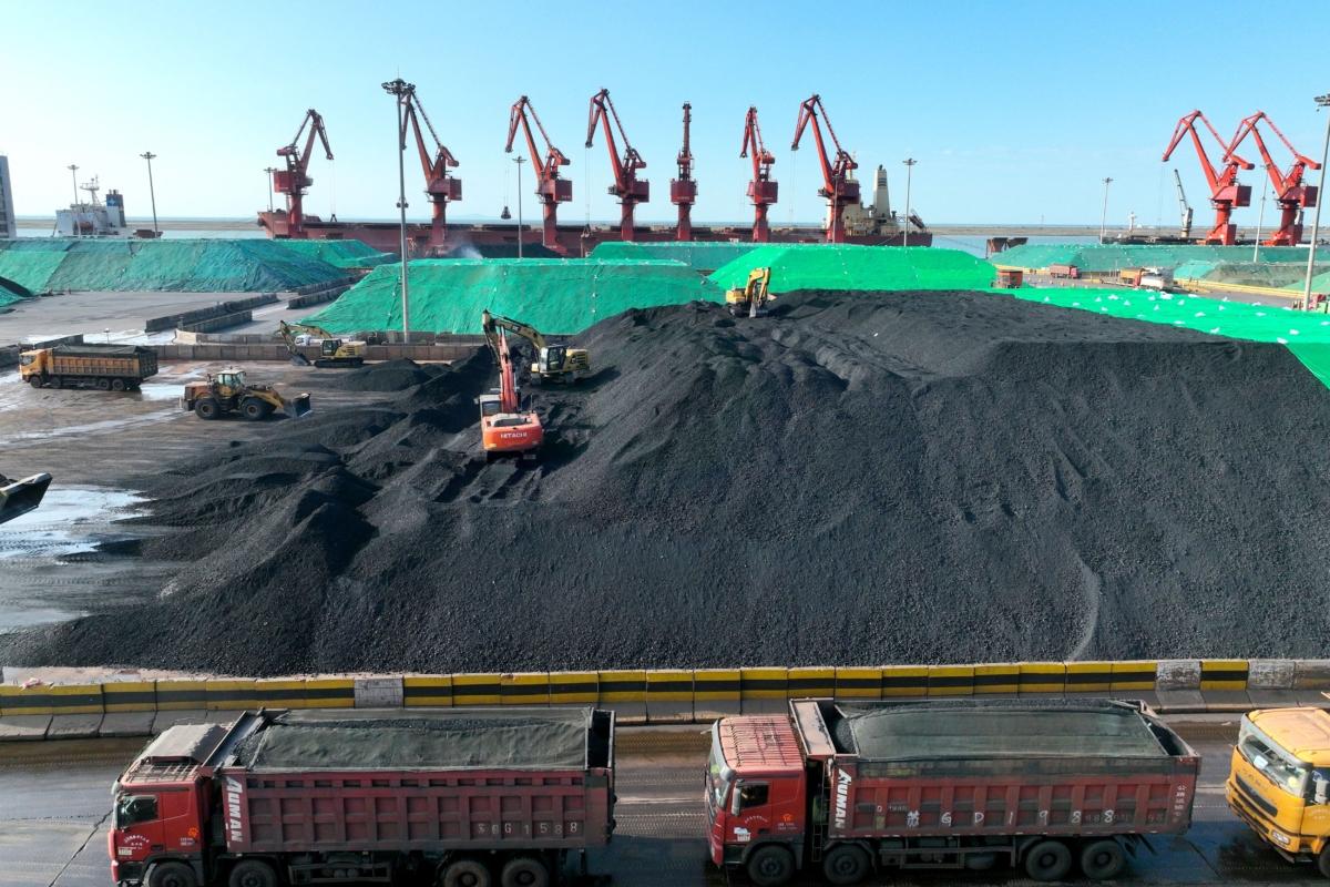 Trucks loaded with coal at a port in Lianyungang, Jiangsu Province, China, on May 24, 2023. (AFP via Getty Images)