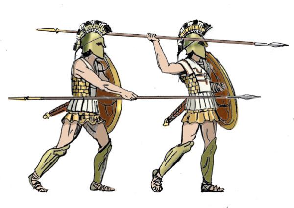 Hoplites shown in underhand (L) and overhand attack positions. (Public Domain)