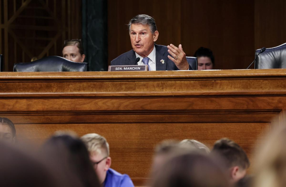 Sen. Joe Manchin (D-West Va.) speaks during the Senate Appropriations Committee hearing on the Special Diabetes Program in Washington on July 11, 2023. (Jemal Countess/Getty Images for JDRF)
