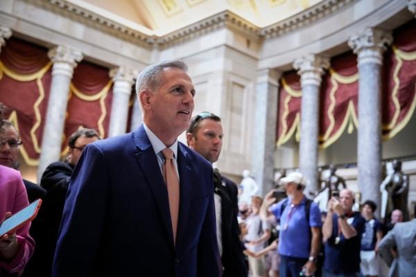 Speaker of the House Kevin McCarthy (R-Calif.) walks to his office after opening the House floor at the U.S. Capitol in Washington on July 17, 2023. (Drew Angerer/Getty Images)