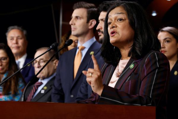 U.S. Rep. Pramila Jayapal (D-Wash.) leads a House Progressive Caucus news conference in the midst of ongoing negotiations seeking a deal to raise the U.S. debt ceiling, on Capitol Hill, on May 24, 2023. (Jonathan Ernst/Reuters)