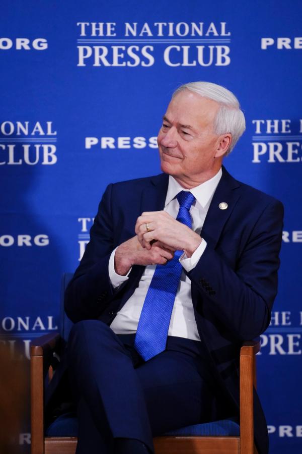 Republican presidential candidate and former Arkansas Gov. Asa Hutchinson announces the first plank of his presidential campaign's policy agenda at the National Press Club in Washington on July 17, 2023. (Madalina Vasiliu/The Epoch Times)