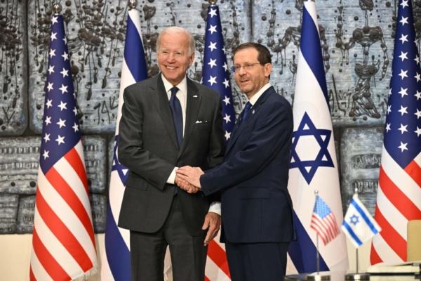 U.S. President Joe Biden poses for a picture with Israeli President Isaac Herzog (R) at the Presidential residence in Jerusalem on July 14, 2022. (Mandel Ngan/AFP via Getty Images)