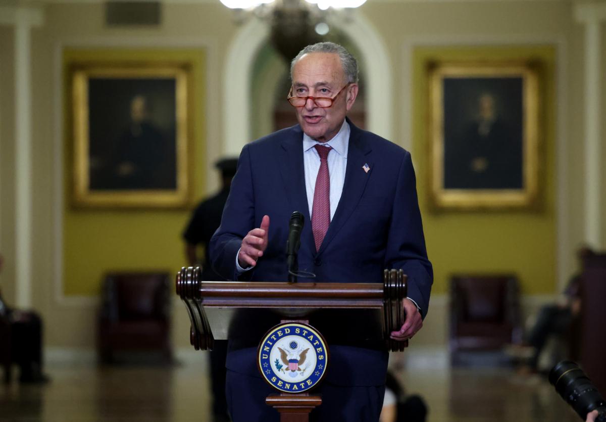 Senate Majority Leader Charles Schumer (D-N.Y.) speaks to the media following the weekly policy luncheons at the U.S. Capitol in Washington on June 21, 2023. (Kevin Dietsch/Getty Images)