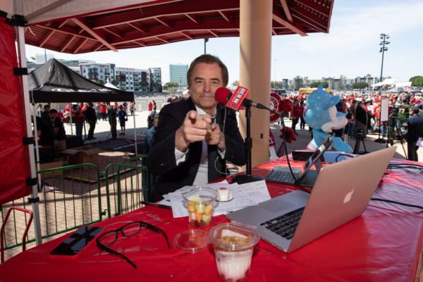 Sports talk show host Roger Lodge at the Los Angeles Angels' home opening day at Angel Stadium in Anaheim, Calif., on April 7, 2023. (Courtesy of Angels Radio AM 830)