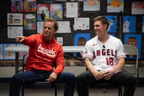 Sports talk show host Roger Lodge (L) at an Angels Adopt-A-School event at Orange Grove Elementary in Anaheim, Calif., on May 23, 2023. (Courtesy of Angels Radio AM 830)