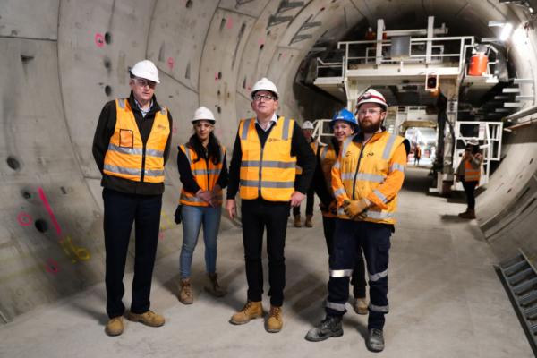 Premier of Victoria Daniel Andrews (centre) looks at the construction of the Metro Tunnel in Melbourne, Australia, on June 28, 2021. (Asanka Ratnayake/Getty Images)