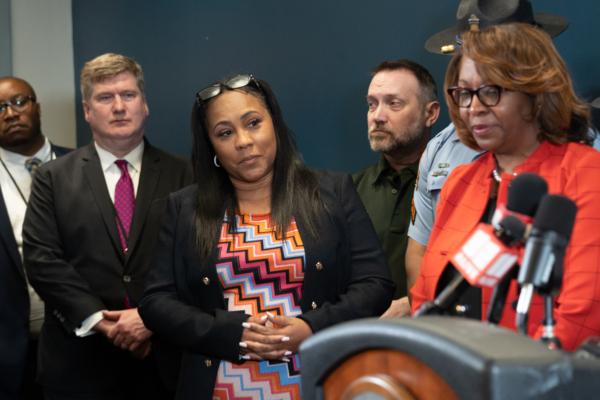 Fulton County District Attorney Fani Willis (center) attends a press conference at the Atlanta Police headquarters in Atlanta, Ga., on May 3, 2023. (Megan Varner/Getty Images)