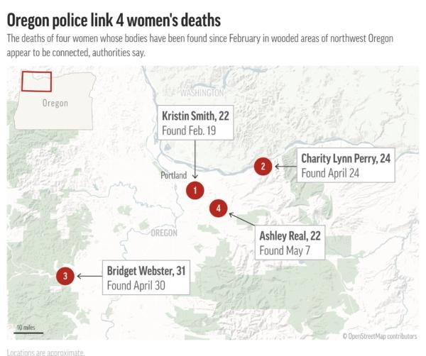 Authorities say the deaths of four women whose bodies have been found in Oregon this year are linked. (AP Graphic)