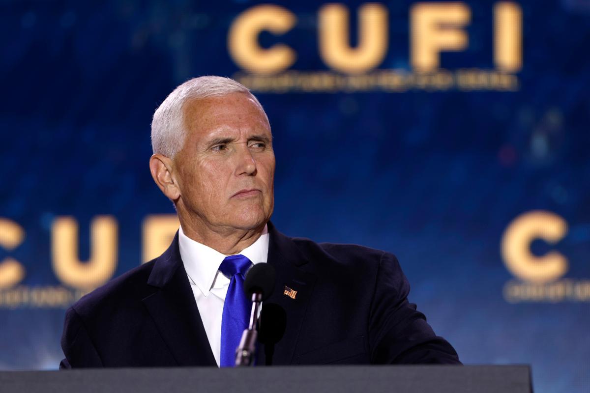 Republican presidential candidate, former Vice President Mike Pence delivers remarks at the Christians United for Israel (CUFI) summit in Arlington, Virginia, on July 17, 2023. (Anna Moneymaker/Getty Images)