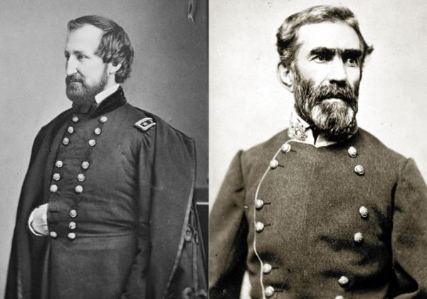 Photo montage of Maj. Gen. William Rosecrans and Gen. Braxton Bragg for the Battle of Chickamauga by Hal Jespersen. (Public Domain)