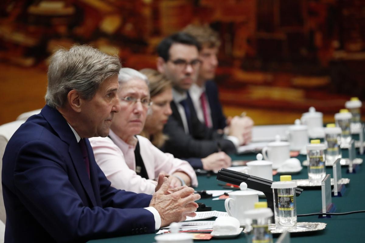 U.S. climate envoy John Kerry meets with top Chinese diplomat Wang Yi (not pictured) in Beijing on July 18, 2023. (Florence Lo/POOL/Getty Images)