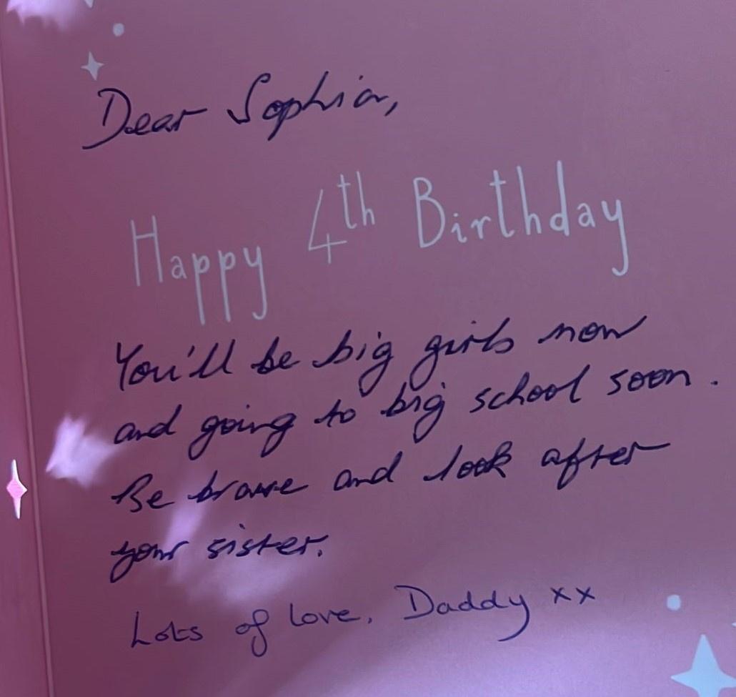 Mr. Keenan's message to his daughter Sophia on her fourth birthday card. (SWNS)
