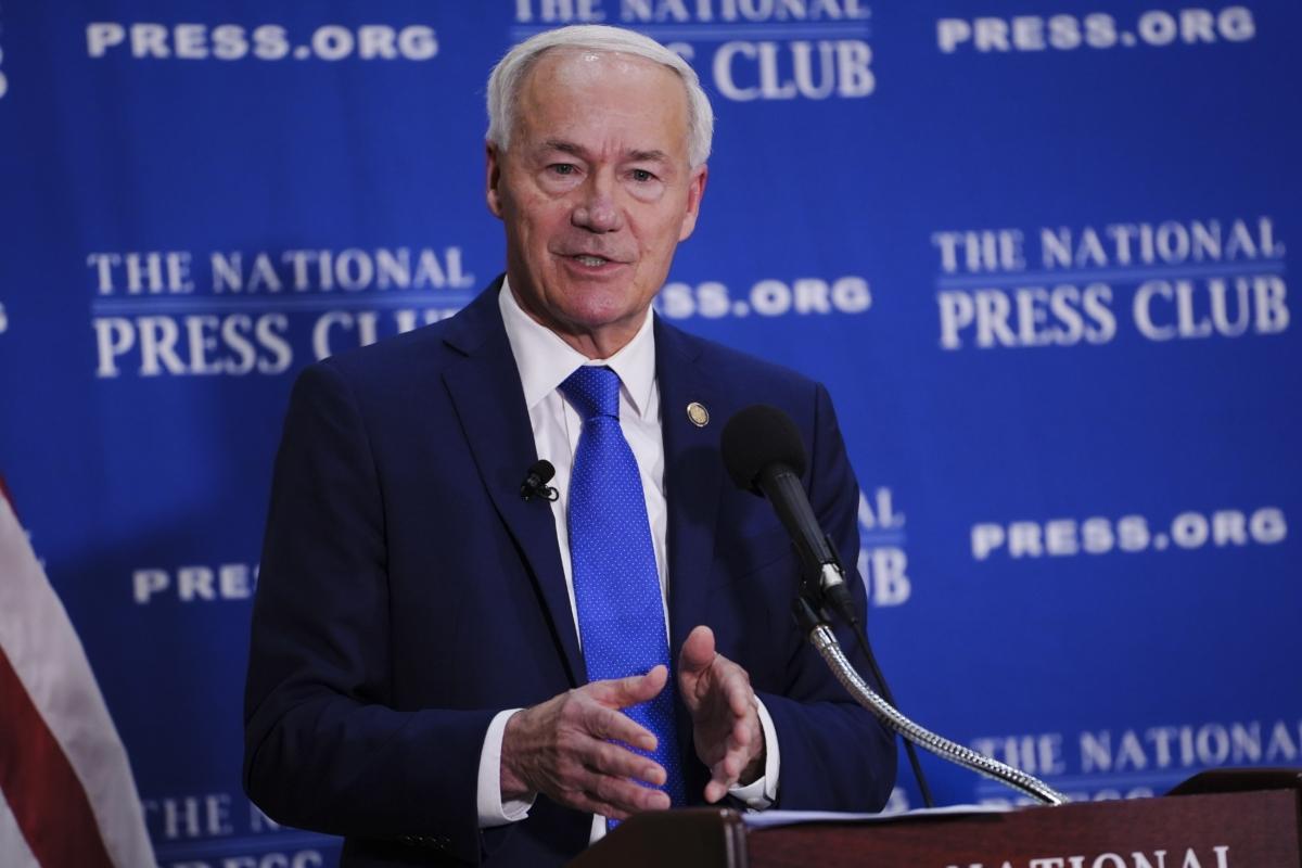 Republican presidential candidate and former Arkansas Gov. Asa Hutchinson announces the first plank of his presidential campaign's policy agenda at the National Press Club in Washington, on July 17, 2023.(Madalina Vasiliu/The Epoch Times)