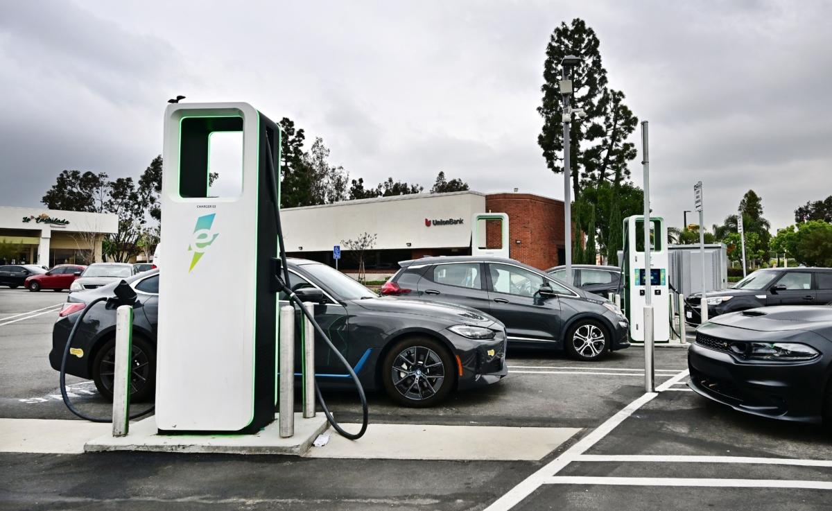 Electric vehicles are charging at a charging station in Monterey Park, Calif., on April 12, 2023. (Frederic J. Brown/AFP via Getty Images)