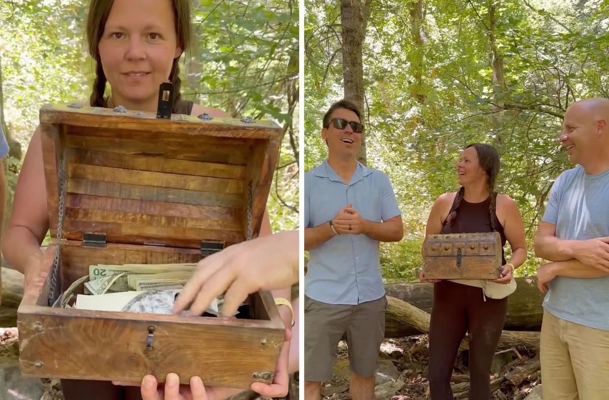 (Left) Iowa woman Chelsea Gotta, 38, holds her treasure chest containing $25,000; (Right) (L-R) Dave Cline, Chelsea Gotta, John Maxim. (Courtesy of <a href="https://www.instagram.com/onthejohn/">John Maxim</a>)