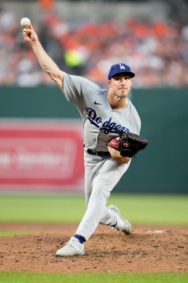 Michael Grove (78) of the Los Angeles Dodgers pitches in the third inning against the Los Angeles Dodgers at Oriole Park at Camden Yards in Baltimore on July 18, 2023. (Mitchell Layton/Getty Images)