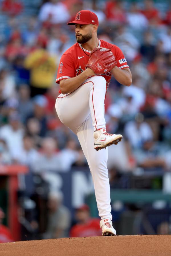 Patrick Sandoval (43) of the Los Angeles Angels pitches during the first inning of a game against the New York Yankees at Angel Stadium of Anaheim in Anaheim, Calif., on July 18, 2023. (Sean M. Haffey/Getty Images)