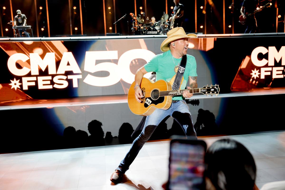 Jason Aldean performs on stage during day three of CMA Fest 2023 at Nissan Stadium in Nashville, Tennessee, on June 10, 2023. (Jason Kempin/Getty Images)