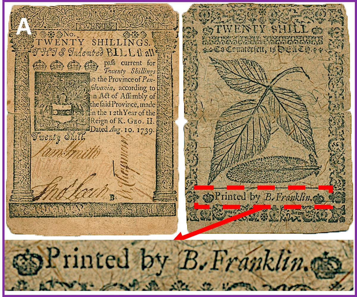 A magnified photo provided by the Proceedings of the Natural Academy of Sciences shows a twenty shillings Pennsylvania note printed by Benjamin Franklin on August 10, 1739, featuring "nature printed" patterns of leaves that counterfeiters found difficult to duplicate. (National Academy of Sciences/AP Photo)