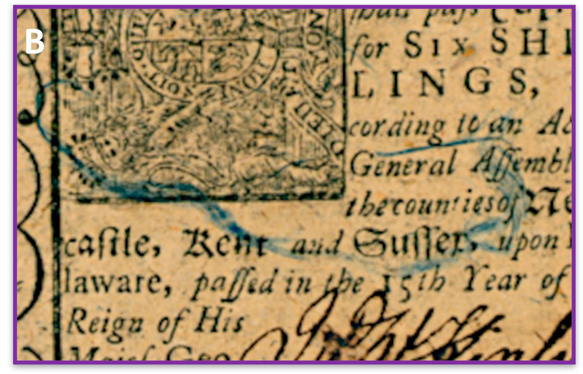 In this image, provided by Proceedings of the National Academy of Sciences, blue threads can be seen in a six shillings Delaware note printed by J. Adams on January 1, 1776. Counterfeiters found it difficult to duplicate the note. (Proceedings of the National Academy of Sciences via AP)