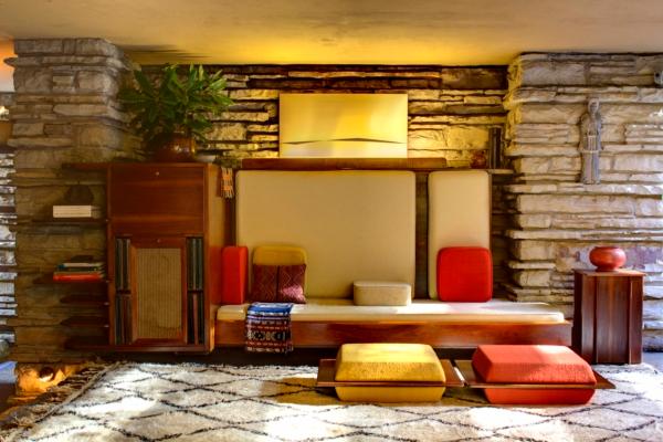Part of the living room at Fallingwater, the music space features Wright’s signature style of juxtaposing geometric shapes with natural textures, shown here in the combination of modern upholstery and stacked stone. The unique seating provides a place to sit and listen to music from the nearby record player, housed in a built-in cabinet. (Christopher Little/Courtesy of the Western Pennsylvania Conservancy)