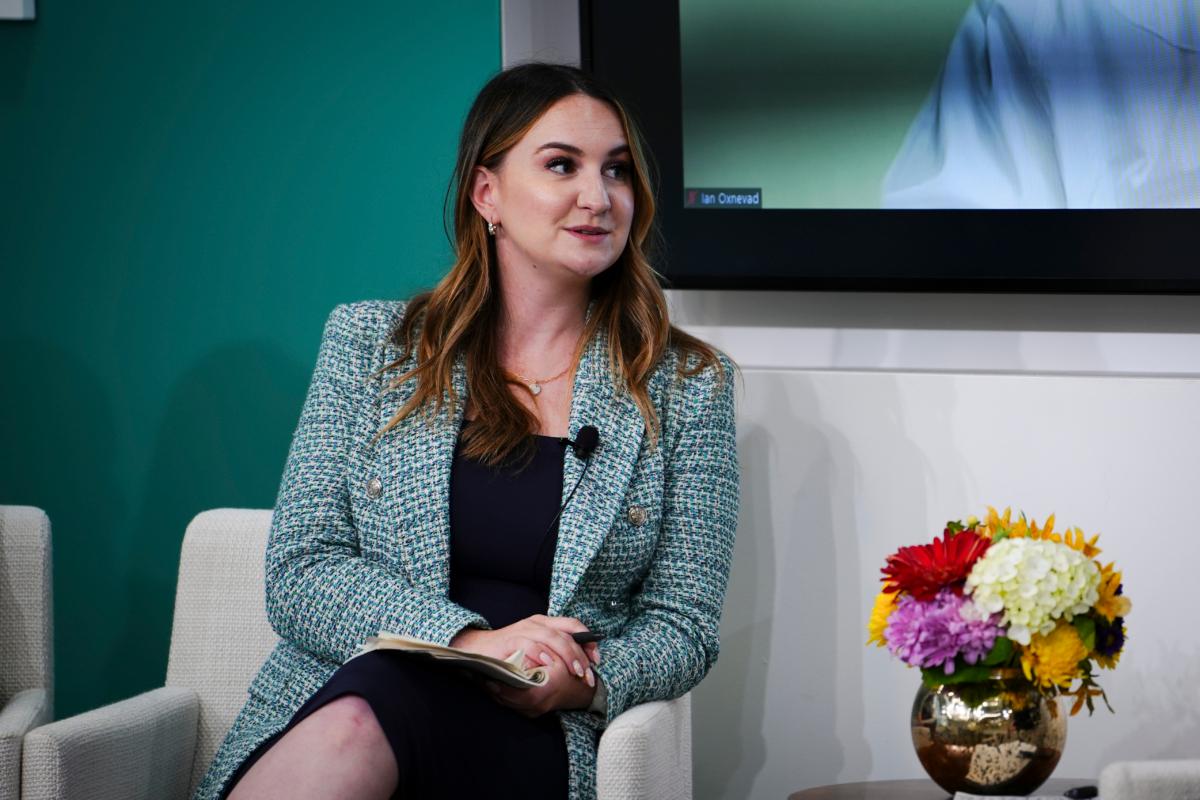  Olivia Enos, Washington director at the Committee for Freedom in Hong Kong, speaks during a panel about the transnational repression of Falun Gong, attacks against Shen Yun, and suppression of Hong Kong in Washington on July 17, 2023. (Madalina Vasiliu/The Epoch Times)