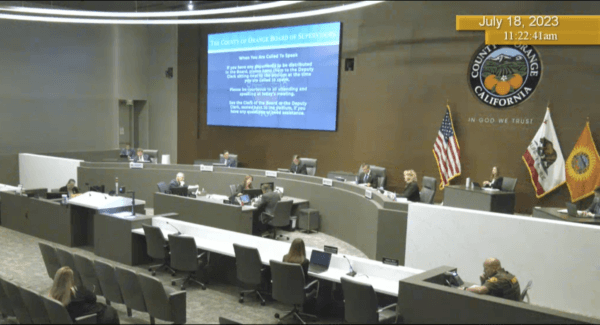 The Orange County Board of Supervisors meeting on July 18, 2023. (Orange County Board of Supervisors/Screenshot via The Epoch Times)