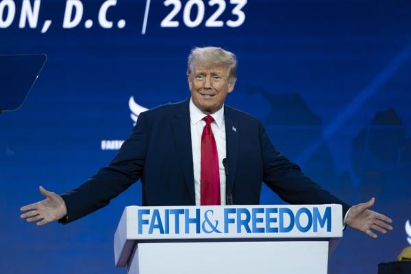 Former President Donald J. Trump speaks during the Faith and Freedom Road to Majority conference at Hilton in Washington on June 24, 2023. (Madalina Vasiliu/The Epoch Times)