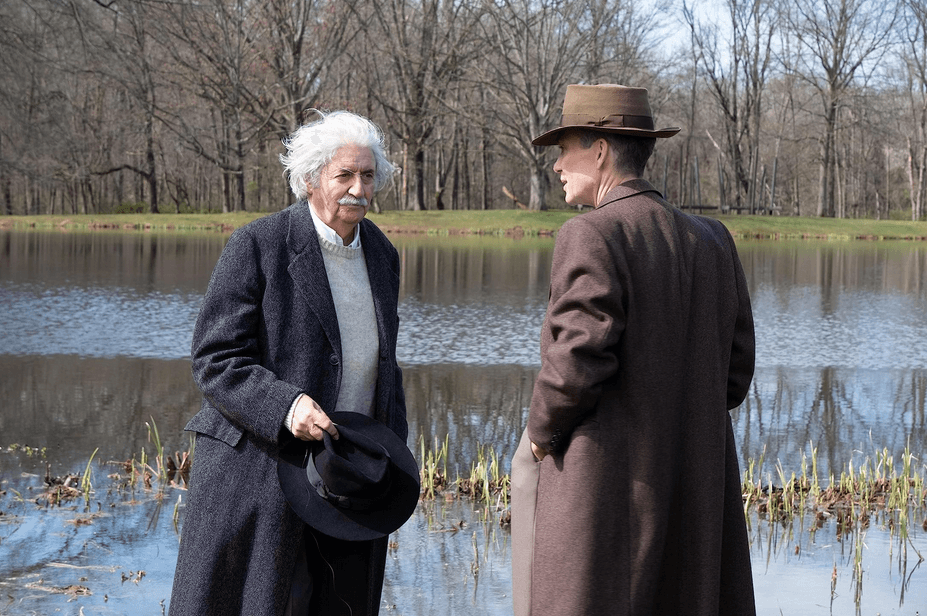 Two of history's greatest physicists, Albert Einstein (Tom Conti, L) and J.R. Oppenheimer (Cillian Murphy) talk shop, in "Oppenheimer." (Universal Pictures)
