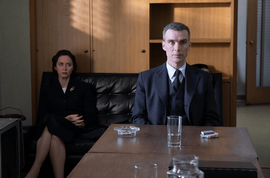 J.R. Oppenheimer's wife, Kitty (Emily Blunt), and her husband (Cillian Murphy) during his security clearance hearing, in "Oppenheimer." (Universal Pictures)