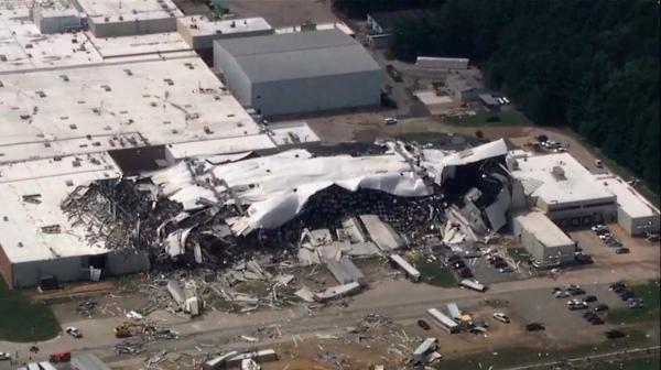 The Pfizer plant is damaged after severe weather passed the area in Rocky Mount, N.C., on July 19, 2023. (WTVD via AP)