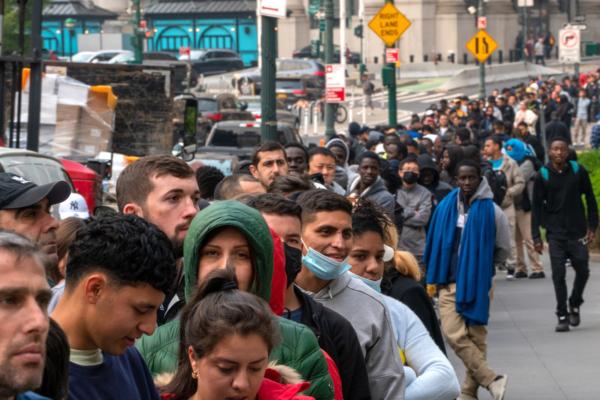 Hundreds of illegal immigrants seeking asylum in line for Immigration Customs Enforcement appointments outside of the Jacob K. Javits Federal Building in New York City on June 6, 2023. (David Dee Delgado/Getty Images)