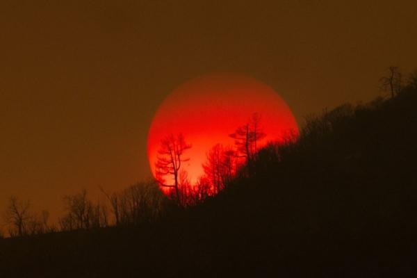 The sun sinks behind a smoky sky and burned forest at the Oak Fire on near Mariposa, Calif., on July 24, 2022. (David McNew/AFP via Getty Images)