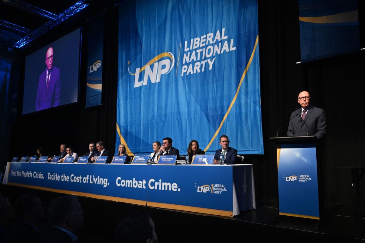 Federal Opposition Leader Peter Dutton (right) is seen speaking during the Queensland Liberal National Party annual conference in Brisbane, Australia, on July 8, 2023. (AAP Image/Darren England)