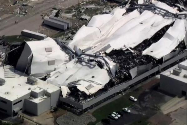 The roof of a Pfizer facility shows heavy damage after a tornado passed the area in Rocky Mount, N.C., on July 19, 2023. (ABC Affiliate WTVD via Reuters)