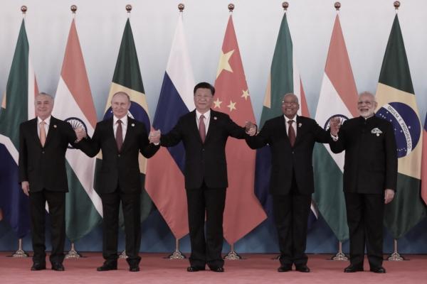 Brazilian President Michel Temer (L), Russian President Vladimir Putin (2nd L), Chinese leader Xi Jinping (C), South African President Jacob Zuma (2nd R), and Indian Prime Minister Narendra Modi (R) during the BRICS Summit in Xiamen, Fujian Province, China, on Sept. 4, 2017. (Wu Hong/AFP via Getty Images)