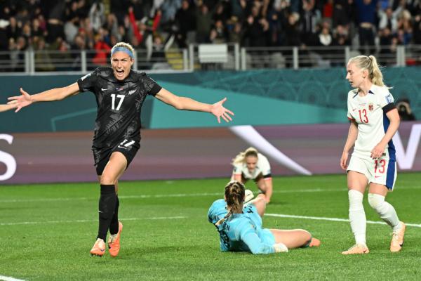 New Zealand's Hannah Wilkinson celebrates after scoring the opening goal during the Women's World Cup soccer match between New Zealand and Norway in Auckland, New Zealand on July 20, 2023. (Andrew Cornaga/AP Photo)