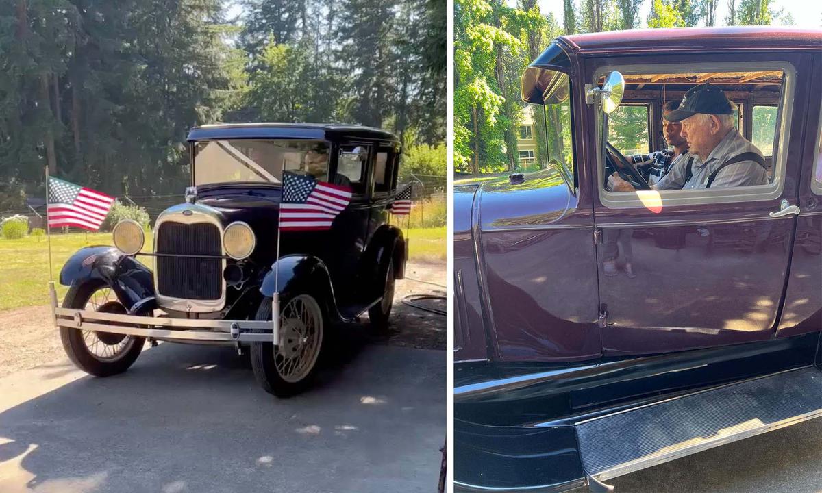 (Left) The 1929 Ford Model A almost fully restored; (Left) Samuel Mpare, 17, and George Sage, 91, take the Ford Model A for a spin. (Courtesy of Sarah Mpare)