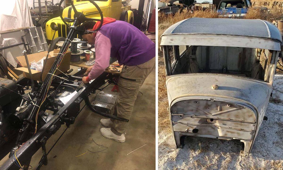 (Left) Samuel Mpare, 17, works on the frame of the Model A Ford; (Right) The body of the Model A Ford. (Courtesy of Sarah Mpare)