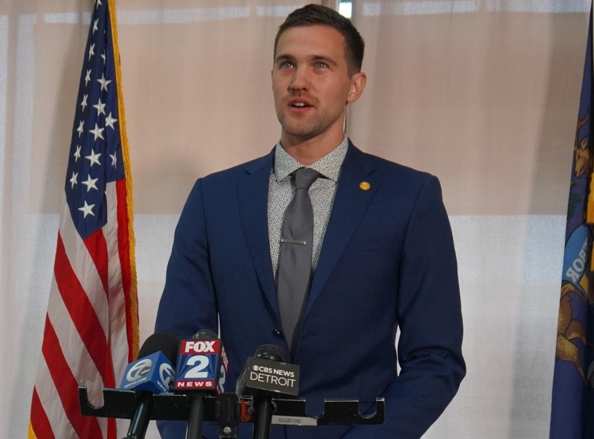 State Rep. Josh Schriver (R-Oxford) at a press conference in Macomb County, Mich. on July 19, 2023. (Steven Kovac/Epoch Times)