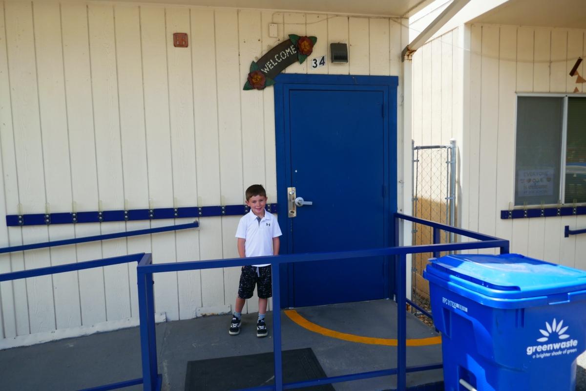 H.N. in front of Classroom 34 at Brook Knoll Elementary School in Scotts Valley, Calif., on July 16, 2023. (Steve Ispas/The Epoch Times)