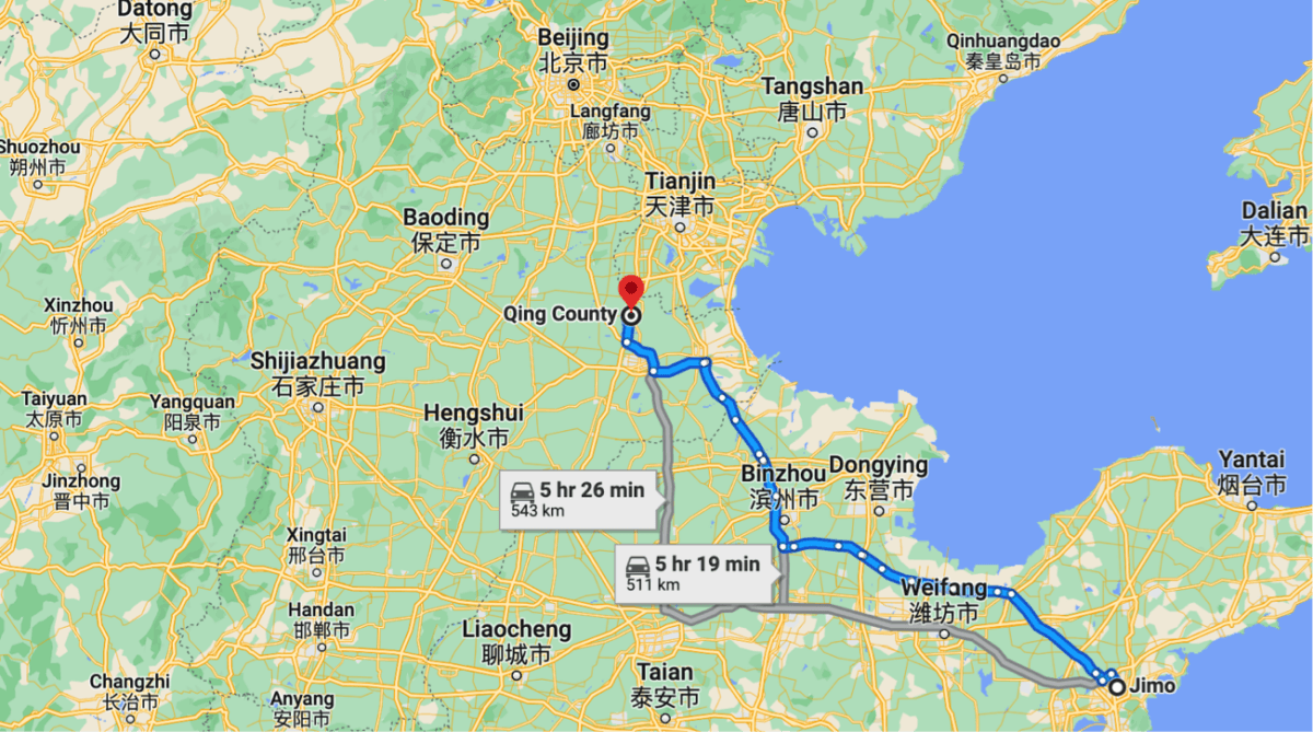 Liang Guiyu’s walking journey from his hometown in Qingdao, Shandong Province, to Qing County in Hebei Province in July 2000. The map is for illustration only. Mr. Liang said he avoided major roads to dodge the manhunt of local police officers. (Google Maps/screenshot via The Epoch Times)