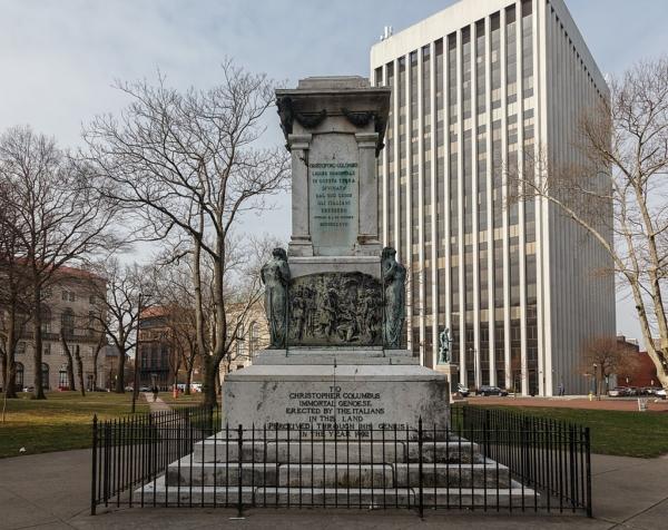 Christopher Columbus statue base, after Columbus was removed. Newark, New Jersey. (<a href="https://en.wikipedia.org/wiki/Statue_of_Christopher_Columbus_(Newark%2C_New_Jersey)#/media/File:Christopher_Columbus_statue_base,_Newark_New_Jersey.jpg">Kenneth C. Zirkel/CC BY-SA 4.0</a>)