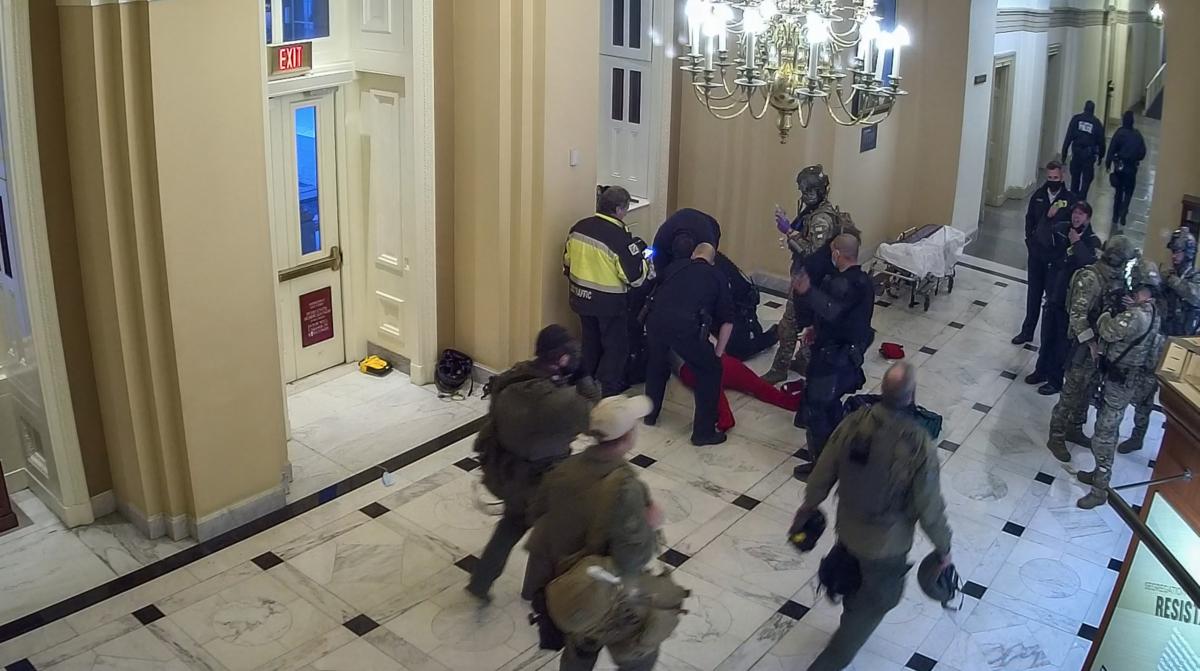 Rescuers work to revive a pulseless Rosanne Boyland near the House Wing Door on Jan. 6, 2021. (U.S. Capitol Police/Screenshot via The Epoch Times)