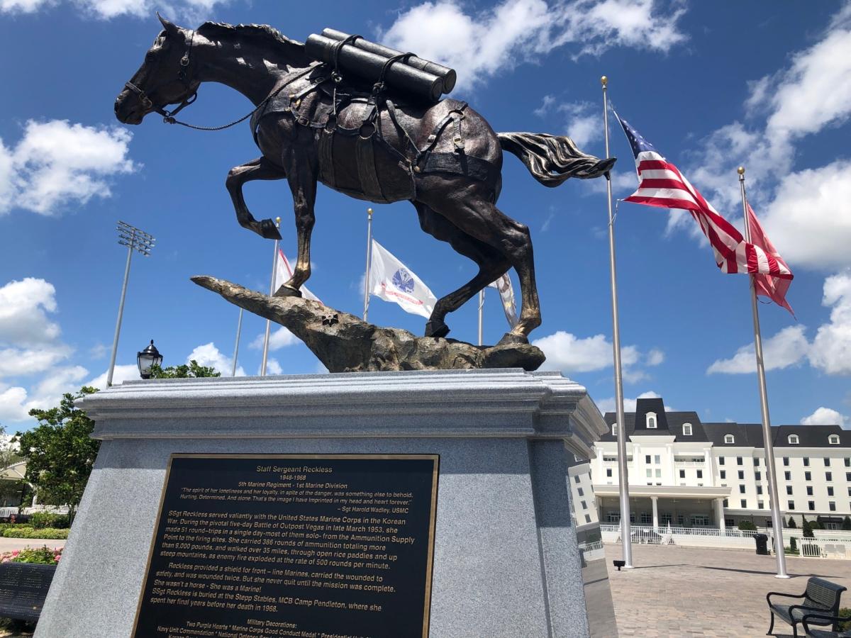 A statue of the famous war horse, Staff Sgt. Reckless, is displayed near the Grand Arena at the World Equestrian Center in Ocala, Fla., on June 12, 2021. (Nanette Holt/The Epoch Times)