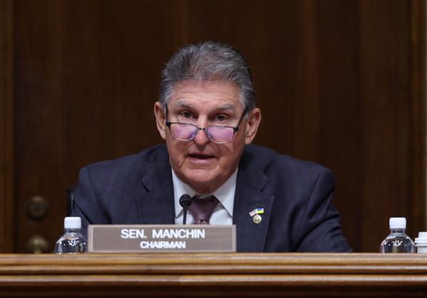 Sen. Joe Manchin (D-W.Va.), chairman of the Senate Energy and Natural Resources Committee, questions Interior Secretary Deb Haaland during a hearing in Washington on May 2, 2023. (Kevin Dietsch/Getty Images)