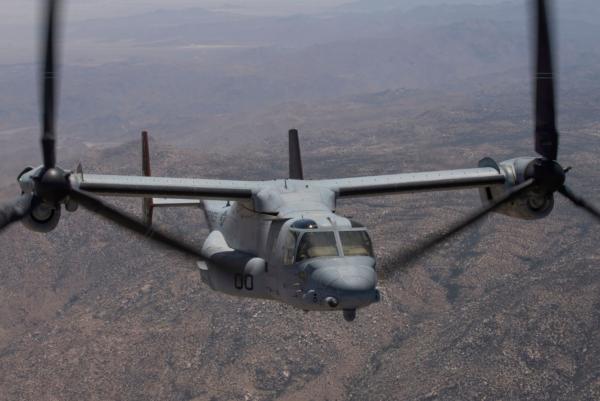  An MV-22B Osprey with Marine Operational Test and Evaluation Squadron (VMX) 1 transports ordnance during an Expeditionary Advanced Base Operation (EABO) exercise to Old Highway 101 near Marine Corps Base Camp Pendleton, Calif., on May 25, 2022. (U.S. Marine Corps via AP)